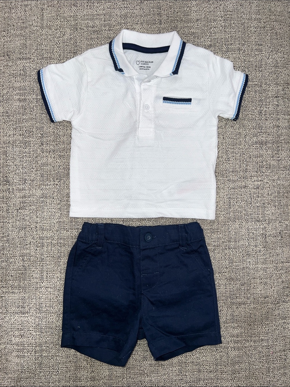 Primark White Polo with Navy Trim and Navy Shorts Set